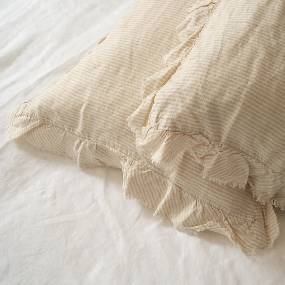 Home Lab - French Flax Linen Ruffle Edge Pillowcase Pair - Sand Stripe